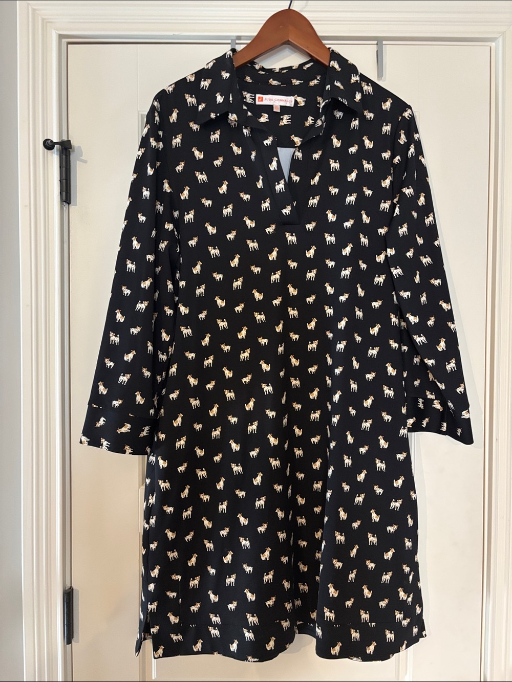 Jude Connally Black Dress with Cream & Tan Dog Print